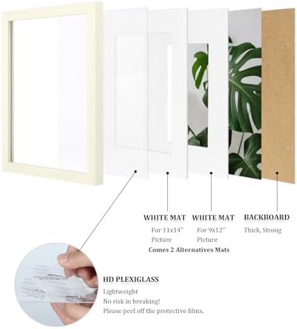 Egofine 12x16 Picture Frames Set of 4, Made of Solid Wood Covered by Plexiglass 9x12 and 11x14 with Mat or 12x16 without Mat, for Wall Mounting Photo Frame Beige - Image 4