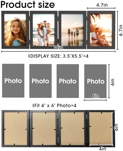 WARM&LOVE 4 Picture Frame, 4x6 Four Folding Hinged Photo Frames, Rustic Wood Desk Family Photo Collage Stand Vertical on Tabletop for Birthday Family Lover Gift (Black) - Image 2