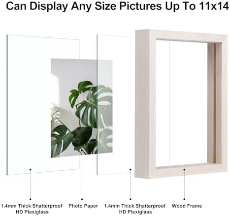 Egofine 11x14 Floating Frames Set of 2, Double Plexiglass Picture Frame, Made of Solid Wood Display Any Size Photo up to 11x14, Wall Mount or Tabletop Standing, Beige - Image 3
