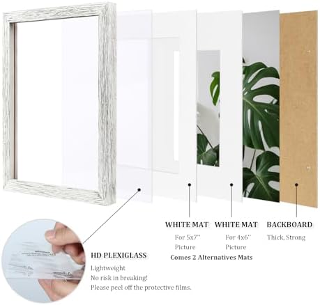 Egofine 5x7 Picture Frames Set of 4, Made of Solid Wood Covered by Plexiglass 3.5x5 and 4x6 with Mat or 5x7 without Mat, for Table Top Display and Wall Mounting Photo Frame Driftwood White - Image 4
