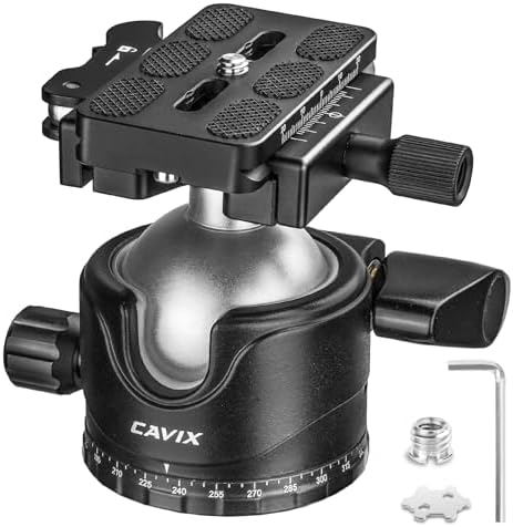 CAVIX Lever Tripod Ball Head, Low Gravity Metal Ball Head Camera Tripod Head 44lbs/20kg Load, Panoramic Ball Head, with 1/4" Arca Swiss Quick Release Plate for Tripod, Monopod, DSLR, Camera(H-46F). by CAVIX