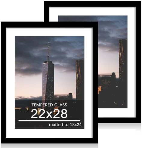 22x28 Picture Frame Set of 2, 22 x 28 Wood Poster Frames with Mat for 18x24, Wooden Photo Frames with Tempered Glass Cover for Wall Display,Black by CCDCC