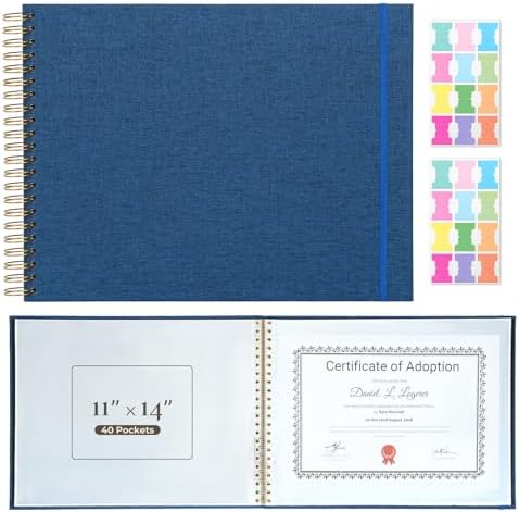 Vienrose Large Scrapbook Album 15.8 x 11.8 Inch, Linen Cover Photo Album with 40 Plastic Sleeves, Spiral Bound DIY Scrapbook for Photos, Kids Artwork, Certificates, Wedding Baby Travel, Dark Blue by Vienrose