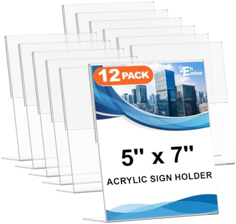 EHWINE 12 Pack 5 x 7 Acrylic Sign Holder, Clear Plastic Signs Display Stand, Vertical Slanted Back Paper Holder Stand up Table Top Sign Holders Flyer Stand Frames Suitable for Office Business Store by EHWINE