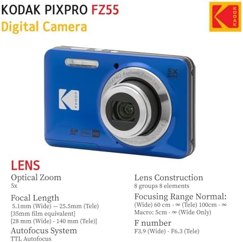 KODAK PIXPRO FZ55 16MP Digital Point & Shoot Camera, 5X Optical Zoom, 28mm Wide Angle, 1080P Full HD Video, Bundle with 32GB SD Card, Protective Case, and Hi-Speed Card Reader (Blue) - Image 6