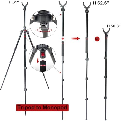 Adjustable Shooting Tripod for Rifles Shooting Stick Level-Lock 3-in-1 Tripod Monopod Bipod, 22.8″-61″ Height, Lightweight Aluminum Alloy with Carrying Bag, Stable Rifle Rest for Hunting & Outdoor - Image 4