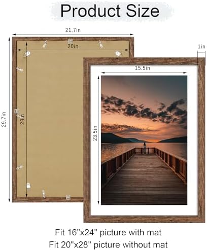 20x28 Poster Frame Set of 2, 20 x 28 Wood Picture Frames with Mat for 16x24, Wooden Photo Frame with Tempered Glass Cover for Wall Mounting Display, Rustic Brown - Image 5