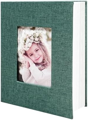 Photo Album 4x6 100 Pockets, Linen Cover Top Loader Vertical, Slip-in Picture Dark Green Pockets Albums for Wedding, Family, Anniversary, Baby, Vacation by HenPisen