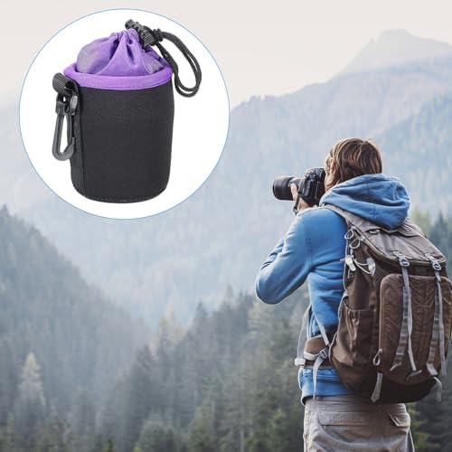 PATIKIL Camera Lens Bag, 2 Pcs 3" ID x 3.9" H Cylindrical Drawstring Lens Pouch with Thick Protective Neoprene, Lens Case for DSLR Camera Lens, Water Coffee Cups Black, Purple - Image 7