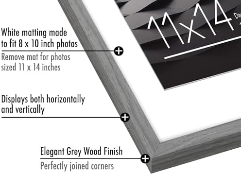 Americanflat 11x14 Picture Frame with Shatter-Resistant Glass - Use as 8x10 Frame with Mat or Display 11x14 Photo Without Mat - Streamline Collection - Thin Border Picture Frames for Wall - Grey - Image 3