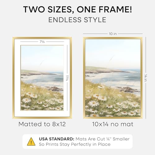 Homeforia 10x14 Gold Picture Frame, High-End Metal, 8x12 Mat, Glass - Image 2