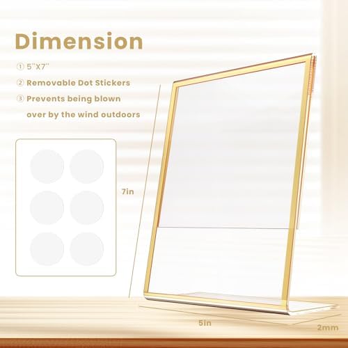 Acrylic Gold Frames 5X7, Slanted Back Gold Picture Frames Table Acrylic Sign Holder for Photos Wedding Table Numbers and Art Display with Removable Clear Sticky Dots，6 Pack - Image 2