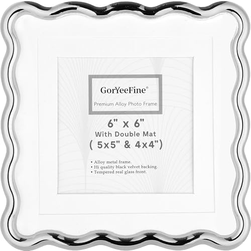 Silver 6x6'' Wave Design Picture Frame with Acid Free Double Mat for 4x4''& 5x5'',High-End Zinc Alloy Photo Frames with Velvet Back,Fashionable Style Silver frames 4x4'' for Tabletop or Wall Décor by GorYeeFine