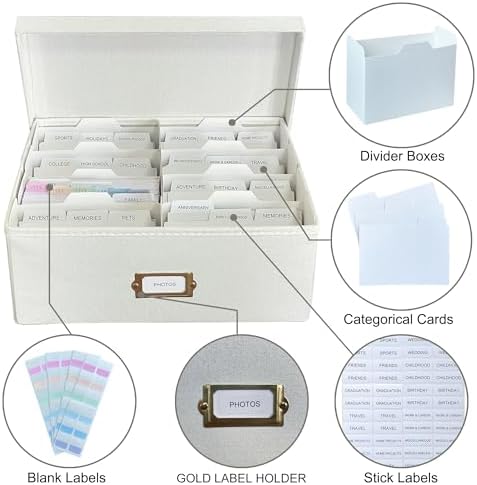 Linen Photo Storage & Keepsakes Box with Dividers for Cards & Photos - Image 5
