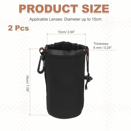 PATIKIL 2 Pcs Camera Lens Pouch, 4" ID x 7" H Drawstring Lens Pouch Protective Camera Lens Case Bag Soft Plush Neoprene Bag for DSLR Photography Gear, Black - Image 2