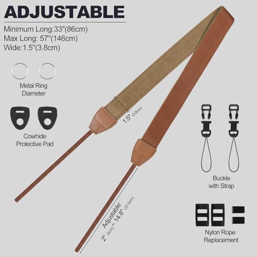 Universal Camera Strap - Camera Neck Strap, Adjustable Shoulder Straps Compatible with Canon, Fujifilm, Nikon, Olympus, Panasonic and other SLR and mirrorless cameras - Khaki and Brown - Image 4