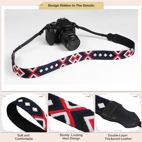 Universal Camera Strap - Camera Neck Strap, Adjustable Shoulder Straps Compatible with Canon, Fujifilm, Nikon, Olympus, Panasonic and other SLR and mirrorless cameras - Red Black and White Weave - Image 5