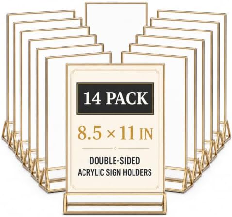 14 Pack Acrylic Sign Holder 8.5x11 Gold Frames, Wedding Table Number Holders Double Sided Vertical Clear Display Stand, Picture Holders for Tables, Menus, Flyers, Party and Office Decor by DECOHOBO