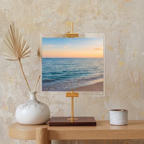 RattanView Adjustable Tabletop Easel Stand with Clear Acrylic Floating Photo Frame Set 16.5" Metal Picture Easel Display Stand for Picture, Art, Photos, Poster, Signs(Gold,Wooden Base) - Image 4