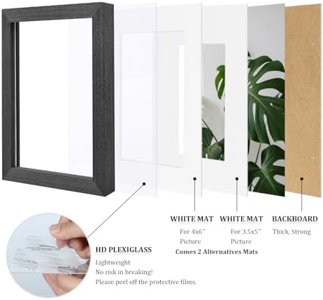 Egofine 5x7 Picture Frames Set of 4, Made of Solid Wood Covered by Plexiglass 3.5x5 and 4x6 with Mat or 5x7 without Mat, for Table Top Display and Wall Mounting Photo Frame Rustic Black - Image 4
