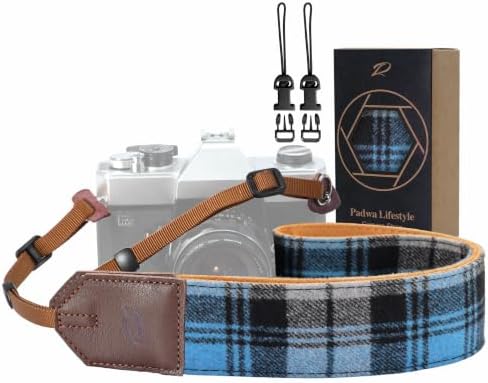 Padwa Lifestyle Camera Strap - 2" Full Grain Leather Ends Camera Straps for Photographers, Unique Vintage Cashmere and Soft Suede Fabric Padded Strap Quick Release fits All Cameras(Blue Check) by PadwaLifestyleCameraStrap