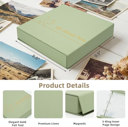 4x6 Photo Storage Box with 3-Ring Slip-In Binder Album, Linen Organizer with Gold Foil Cover, Holds 210 Photos for Travel, Wedding & Memory Keeping, Light Green - Image 3