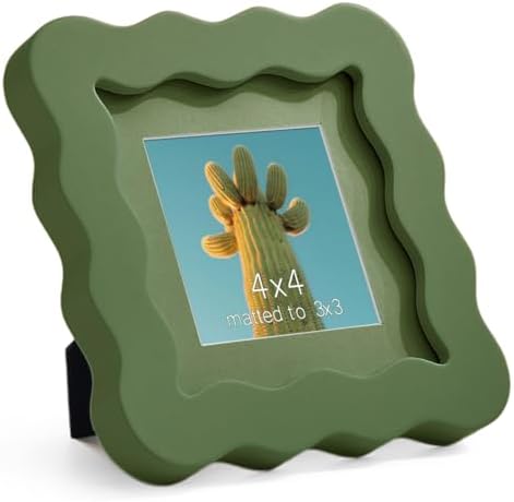 4x4 Green Picture Frame with Mat for 3x3, Curved Wavy Edge Deco Wooden Real Glass, Vertical or Horizontal Display Photo Gallery Wall & Tabletop Frame by Gdfmsc