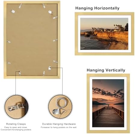 14x20 Poster Frame Set of 2, 14 x 20 Wood Picture Frames with Mat for 12x18, Wooden Photo Frame with Tempered Glass Cover for Wall Mounting Display, Gold - Image 4