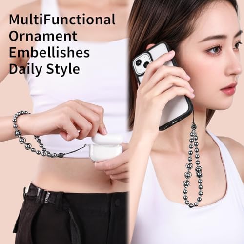 Phone Charm Beaded Strap Cute Cell Phone Wrist Straps String Accessories Hand Aesthetic Lanyard Wristlet Chain for iPhone 17 Pro Camera Case AirPods Bags Keychains Women Girls Gray Pearl - Image 6