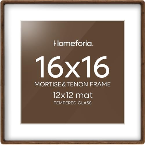 Homeforia 16x16 Mortise&Tenon Walnut Picture Frame, 12x12 Mat, Glass by Homeforia