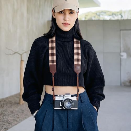 Padwa Lifestyle Camera Strap - 2" Full Grain Leather Ends Camera Straps for Photographers, Unique Vintage Cashmere and Soft Suede Fabric Padded Strap Quick Release fits All Cameras(Beige Coffee Check) - Image 2