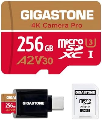 [5-Years Data Recovery] Gigastone 256GB Micro SD Card, 4K Camera Pro, A2 V30 UHS-I U3, Up to 100MB/s, for Smartphone, GoPro, Action Cam, 4K UHD Video, Nintendo Switch, with Adapter & USB-C Reader by Gigastone