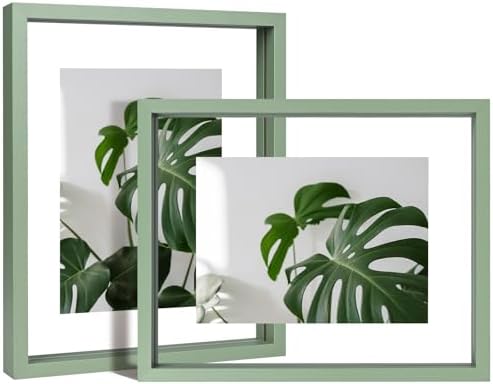 Egofine 8x10 Floating Frames Set of 2, Double Plexiglass Picture Frame, Made of Solid Wood Display Any Size Photo up to 8x10, Wall Mount or Tabletop Standing, Green by Egofine