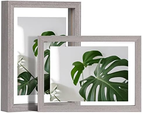 Egofine 5x7 Floating Frames Set of 2, Double Plexiglass Picture Frame, Made of Solid Wood Display Any Size Photo up to 5x7, Wall Mount or Tabletop Standing, Light Grey by Egofine