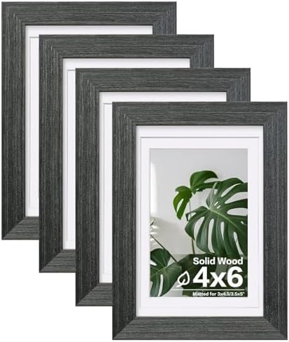 Egofine 4x6 Picture Frames Set of 4, Made of Solid Wood Covered by Plexiglass 3x4.5 and 3.5x5 with Mat or 4x6 without Mat, for Table Top Display and Wall Mounting Photo Frame, Rustic Black by Egofine