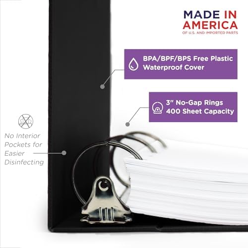 Carstens 3-Inch Heavy Duty 3-Ring Binder - Side Opening, Black, Durable Plastic, Precision No-Gap Rings, Waterproof Cover, No Pockets, Holds 400 US Letter Sheets, BPA-Free, Made in USA (1745-3R) - Image 2