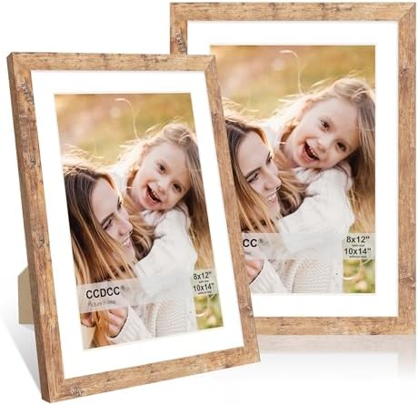 10x14 Picture Frame Set of 2, 10 x 14 Wood Photo Frames with Mat for 8x12, Natural Wooden Frame with Real Glass Cover for Wall and Tabletop Display,Brown by CCDCC