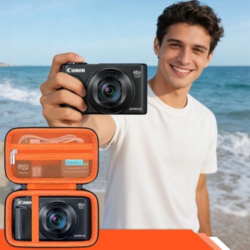 RAIALL Camera Case for Canon PowerShot SX740 HS/ SX730 HS/ SX720 HS/ SX620 HS Digital Camera, Hard Carrying Case Protective Travel Bag, Mesh Pocket for Batteries and USB Cable, Black+Orange - Image 7