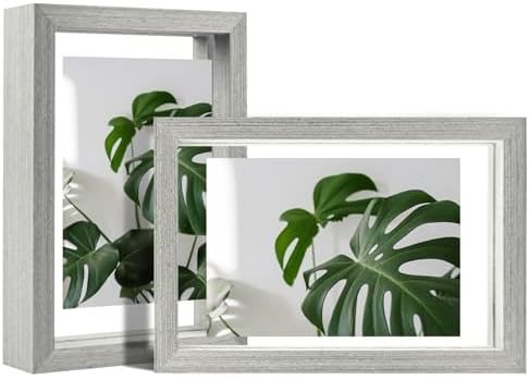 Egofine 4x6 Floating Frames Set of 2, Double Plexiglass Picture Frame, Made of Solid Wood Display Any Size Photo up to 4x6, Wall Mount or Tabletop Standing, Grey by Egofine