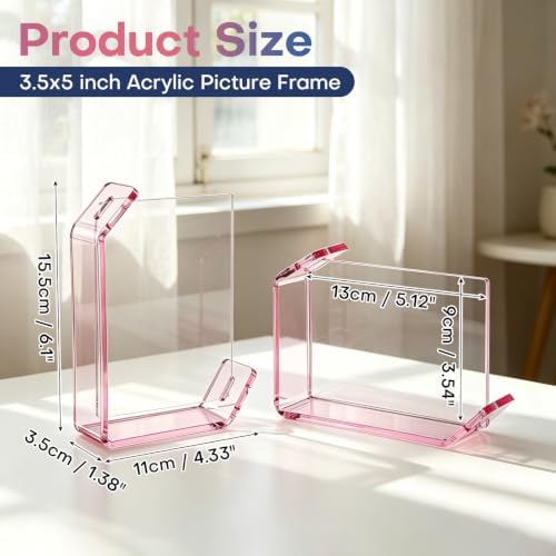 3.5x5inch L Shaped Acrylic Picture Frame, 2 Pack Double Sided Floating Photo Stand for Tabletop, Horizontal Vertical Display Holder Home Office Decor Family Wedding Anniversary, Pink - Image 2