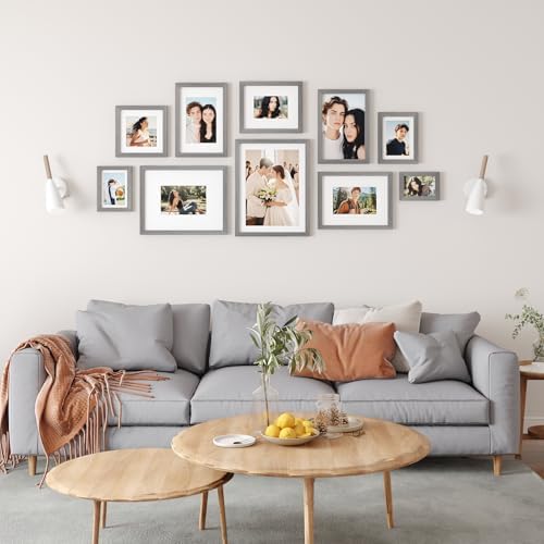 Egofine 4x6 Picture Frames Set of 4, Made of Solid Wood Covered by Plexiglass 3x4.5 and 3.5x5 with Mat or 4x6 without Mat, for Table Top Display and Wall Mounting Photo Frame, Light Grey - Image 6
