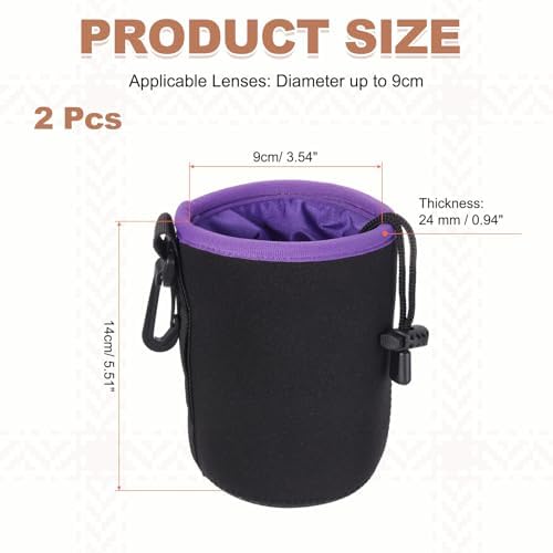 PATIKIL 2 Pcs Camera Lens Pouch, 4" ID x 6" H Drawstring Orange Interior Lens Pouch Protective Camera Lens Case Bag Soft Plush Neoprene Bag for DSLR Photography Gear, Black/Purple - Image 2
