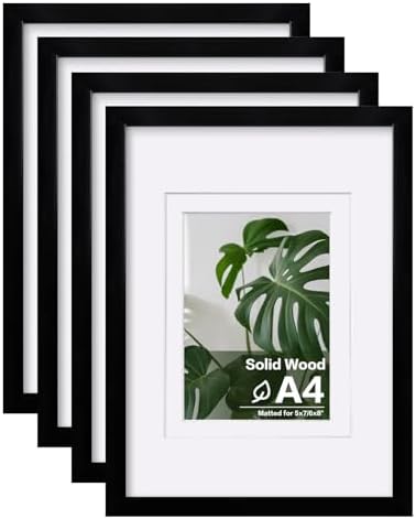 Egofine A4 Picture Frames Set of 4, Made of Solid Wood Covered by Plexiglass 5x7 and 6x8 with Mat or A4 whitout Mat, for Table Top Display and Wall Mounting Photo Frame Black by Egofine