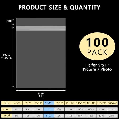AUEAR 9x11 Clear Plastic Sleeve Storage Bags for 8.5x11 Art Print,100 Pack - Image 2