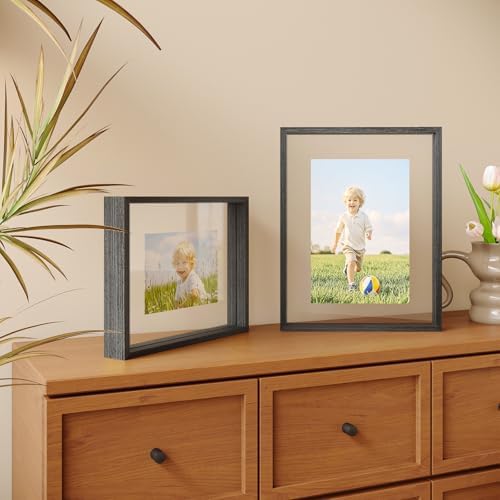 Egofine 9x12 Floating Frames Set of 2, Double Plexiglass Picture Frame, Made of Solid Wood Display Any Size Photo up to 9x12, Wall Mount or Tabletop Standing, Faded Black - Image 3
