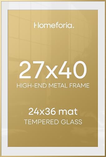 Homeforia 27x40 Gold Poster Frame, High-End Metal, 24x36 Mat, Glass by Homeforia