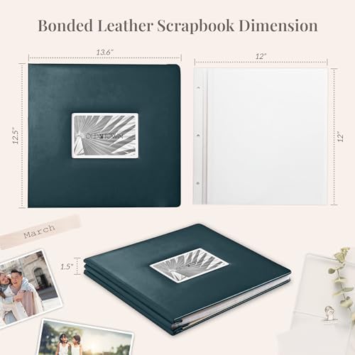 Old Town Bonded Leather Photo Album, Large Leather Scrapbook, Expandable Scrapbook Album 12x12 Double-Sided White Paper Pages and Optically Clear Pockets, Faux Suede Lining, Navy - Image 5