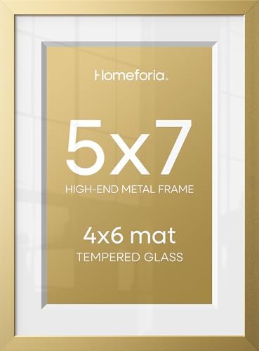 Homeforia 5x7 Gold Picture Frame, High-End Metal, 4x6 Mat, Glass by Homeforia