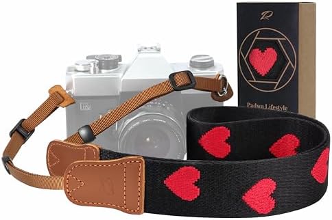 Padwa Lifestyle Red Hearts Camera Strap - 1.5" Crazy Horse Cowhide Head Cotton Strap,Vintage Embroidery Camera Straps for Photographers and All Cameras,Cute Adjustable Neck Strap for Adults & Kids by PadwaLifestyleCameraStrap