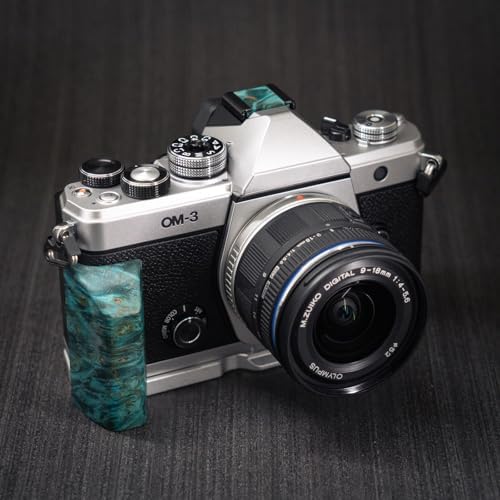 Handmade Wooden Handle Grip L Plate Alloy Base for OM System OM-3 Camera (Teal stabilized Wood + Silver Base) - Image 2